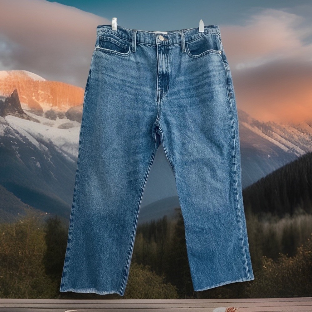 FRAME Le Jane Crop Jeans Womens 31 Blue High Rise Wide Straight Leg Raw‎ Hem